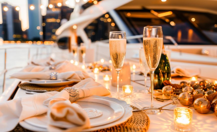 Elegant yacht dining setup with champagne glasses and candlelit table décor.
