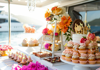 fancy table on a yacht full of different types of sweets and cupcakes, with pink flowers and a blurry scene of another yacht in the background