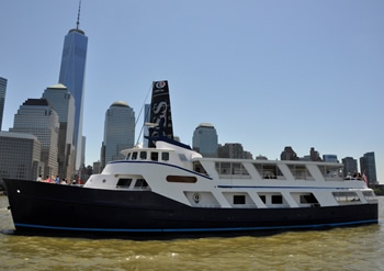 Affinity Yacht On The Hudson River with high building of NYC