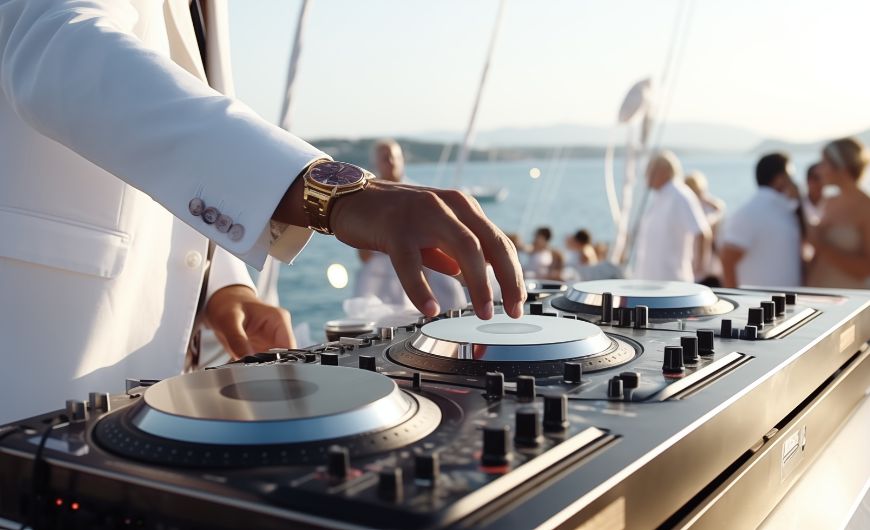 DJ mixing music at a yacht party with guests enjoying a luxury boat event on the water.